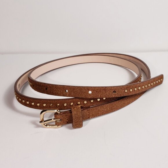 Skinny Brown And Gold Metallic faux suede leather studded belt  Size M  Like New - Picture 1 of 7